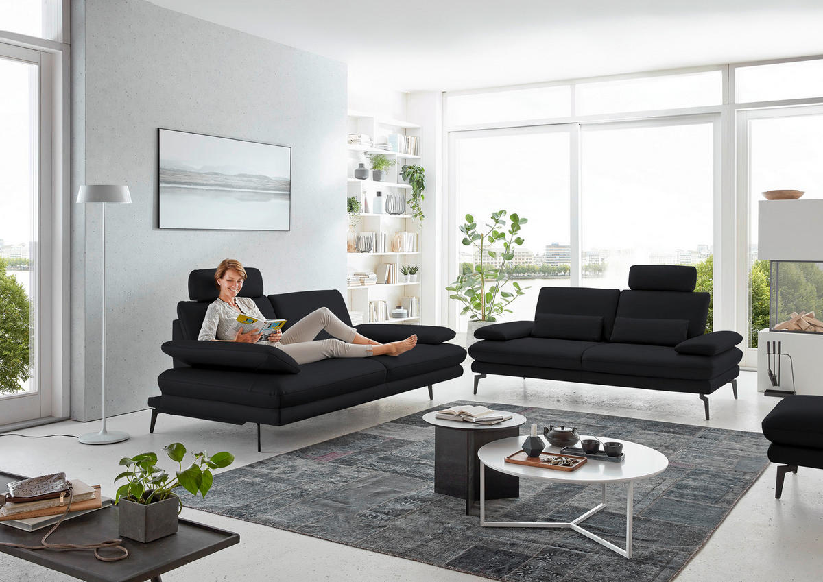 3-SITZER-SOFA in Echtleder Anthrazit  - Anthrazit/Schwarz, Design, Leder/Metall (222/86/104cm) - Dieter Knoll