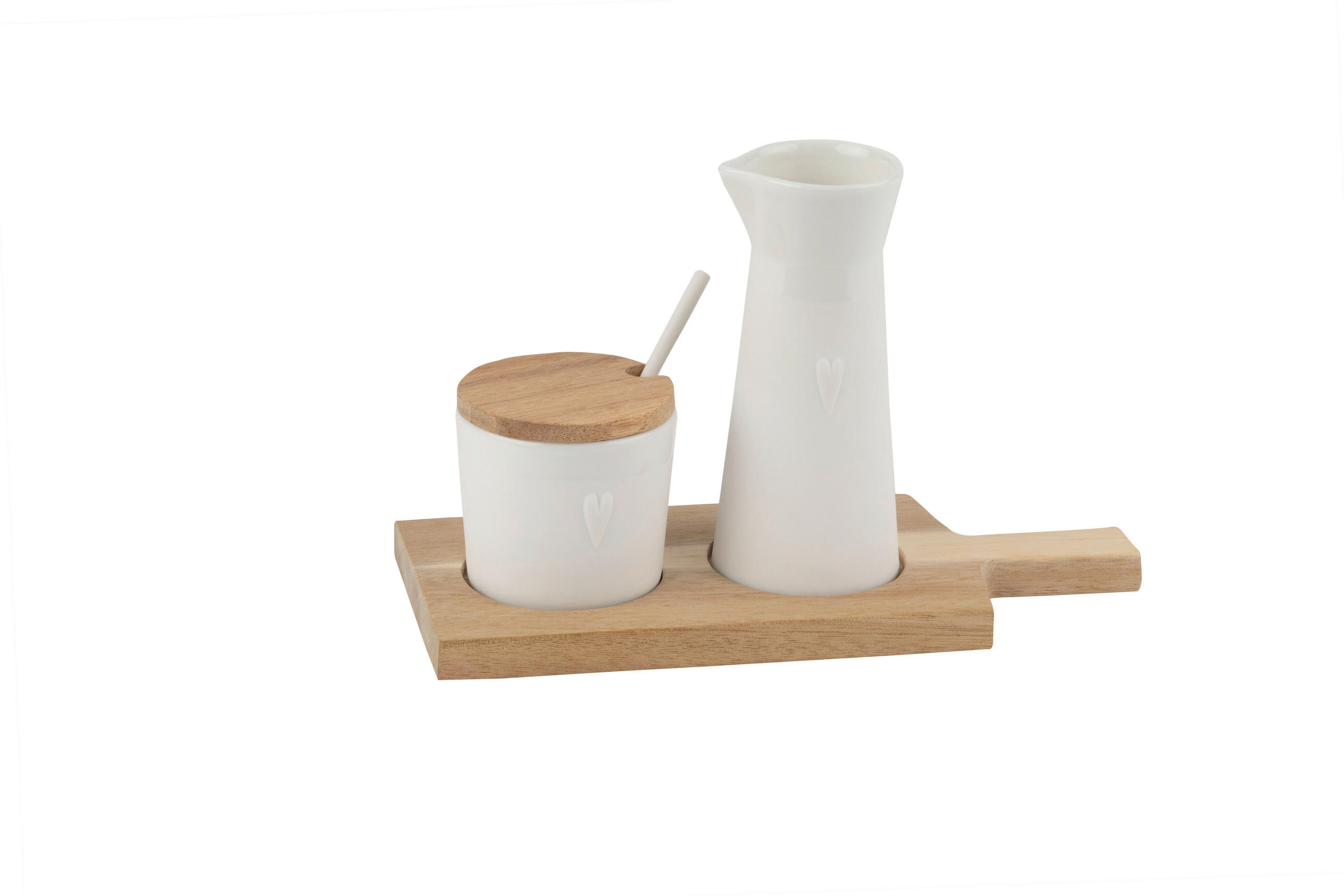 MILCH- UND ZUCKER-SET Holz, Keramik  - Weiss/Akaziefarben, Design, Holz/Keramik (17,5/7,5/11,5cm) - Räder