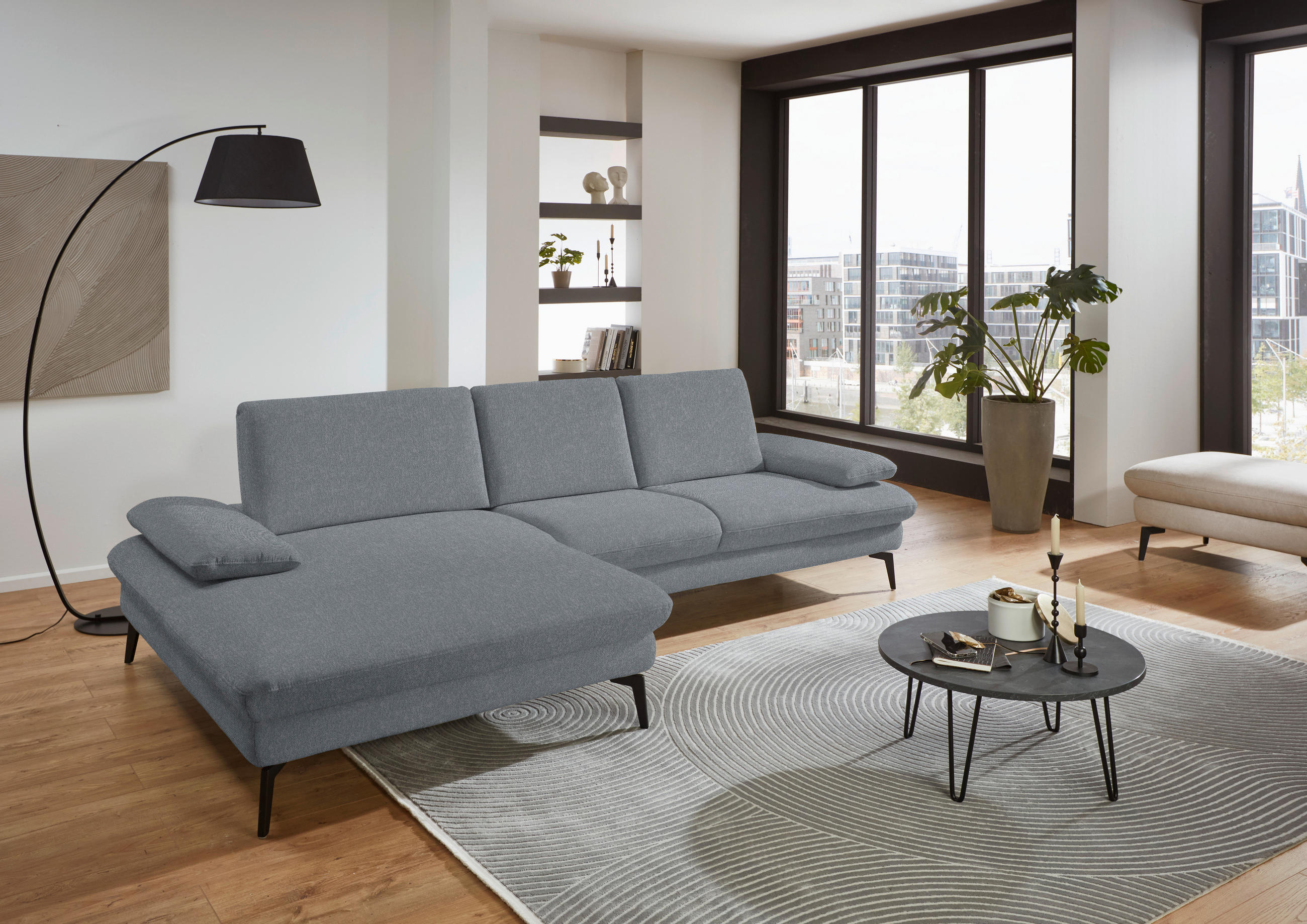 ECKSOFA in Chenille, Mikrofaser Blaugrau  - Blaugrau/Schwarz, Design, Textil/Metall (157/299cm) - Dieter Knoll