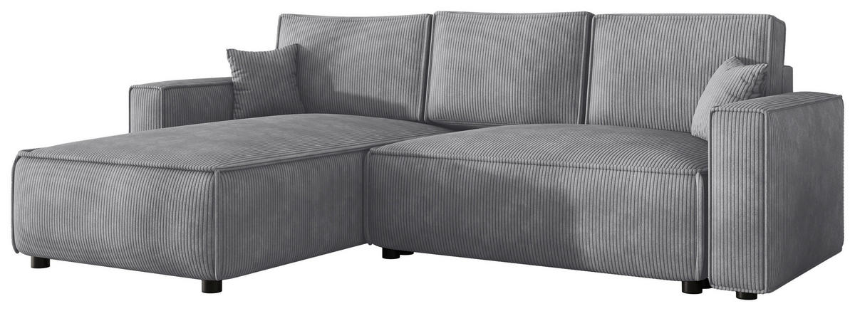 ECKSOFA Grau Cord Zierkissen, Rückenkissen, Bettkasten, Schlaffunktion, Rücken echt, Liegefläche im Originalstoff  - Schwarz/Grau, MODERN, Kunststoff/Textil (190/280cm) - Carryhome