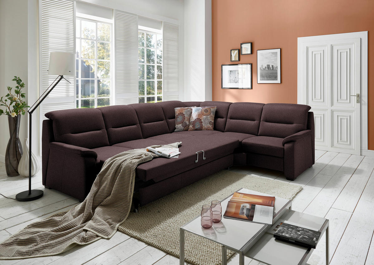 ECKSOFA in Mikrofaser Dunkelbraun  - Dunkelbraun/Schwarz, Konventionell, Holz/Textil (303/245cm) - Beldomo Comfort
