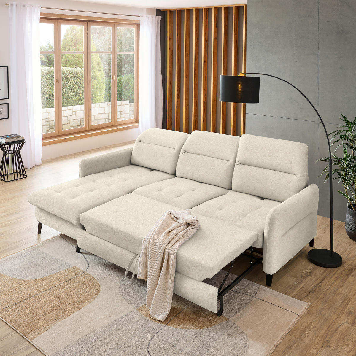 ECKSOFA Creme Chenille  - Creme/Schwarz, KONVENTIONELL, Textil/Metall (190/254cm) - Livetastic