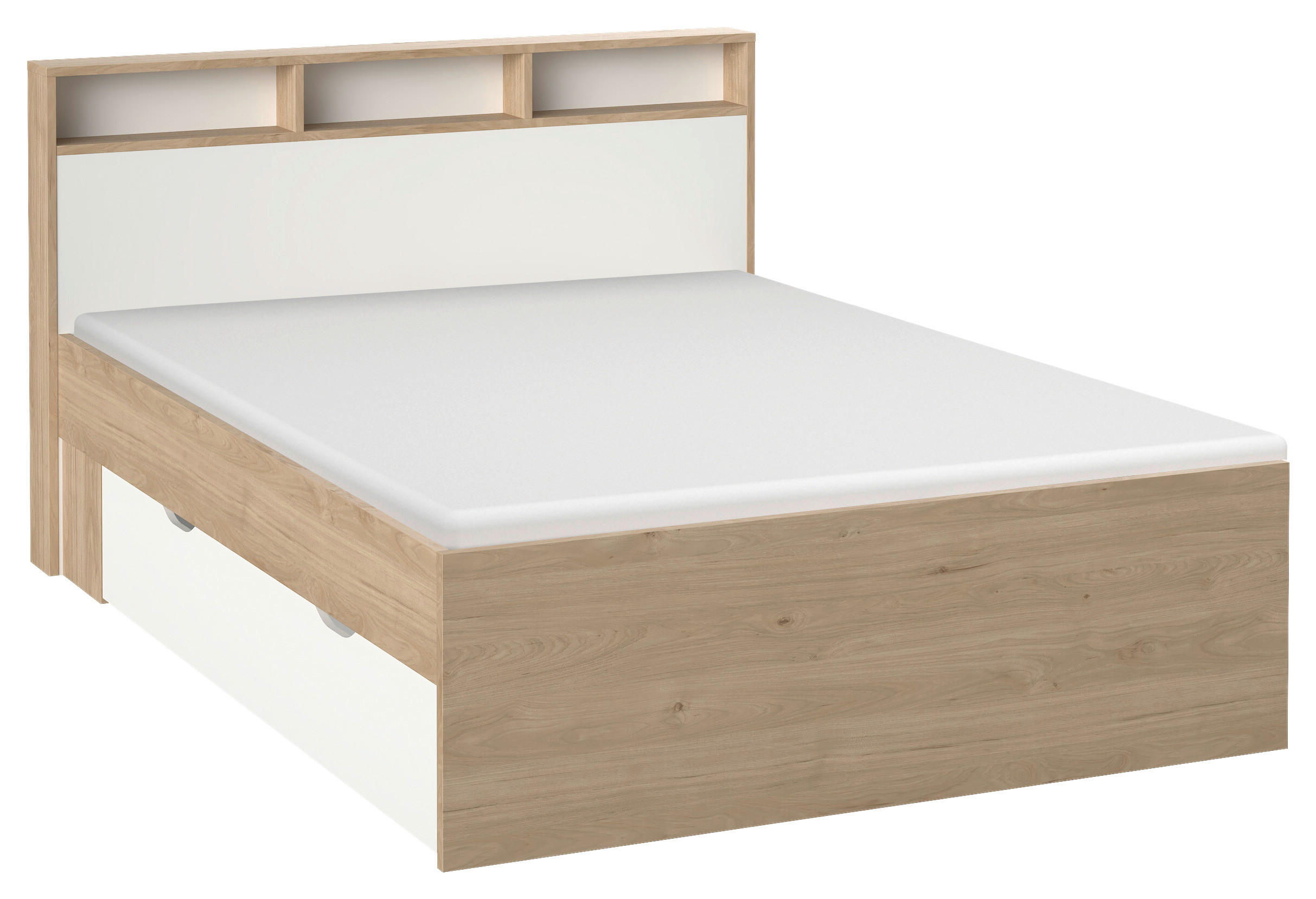 Pat Cu Spatiu Depozitare, 140/200 cm, alb, culoare lemn stejar