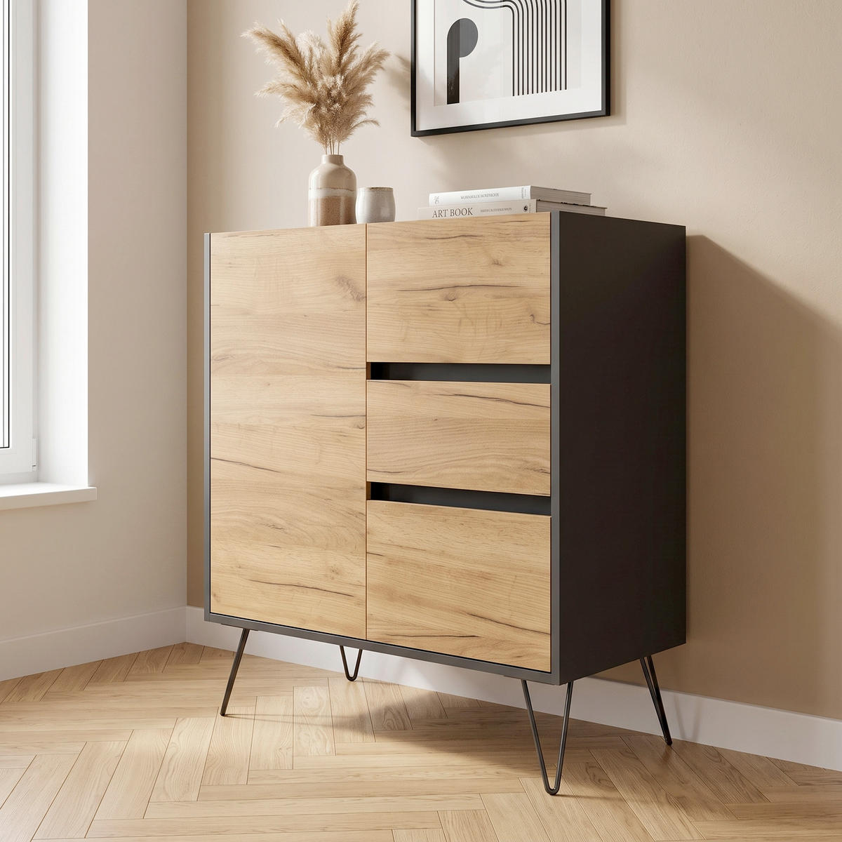 SIDEBOARD Posseik Industrial 79/93,6/40,6 cm 3 Schublade(n)  - Eichefarben/Graphitfarben, Design, Holzwerkstoff/Metall (79/93,6/40,6cm) - MID.YOU