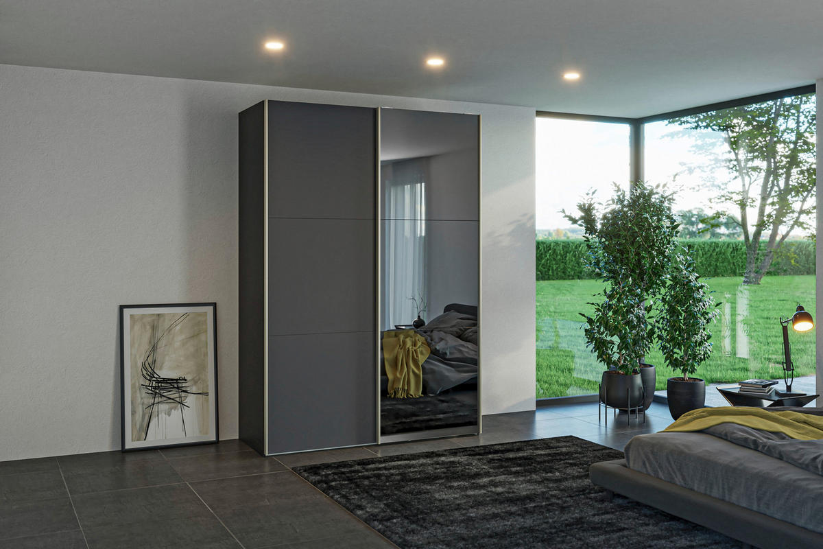SCHWEBETÜRENSCHRANK 152/220/65 cm 2-türig Anthrazit, Schwarz  - Edelstahlfarben/Anthrazit, Design, Glas/Holzwerkstoff (152/220/65cm) - Jutzler