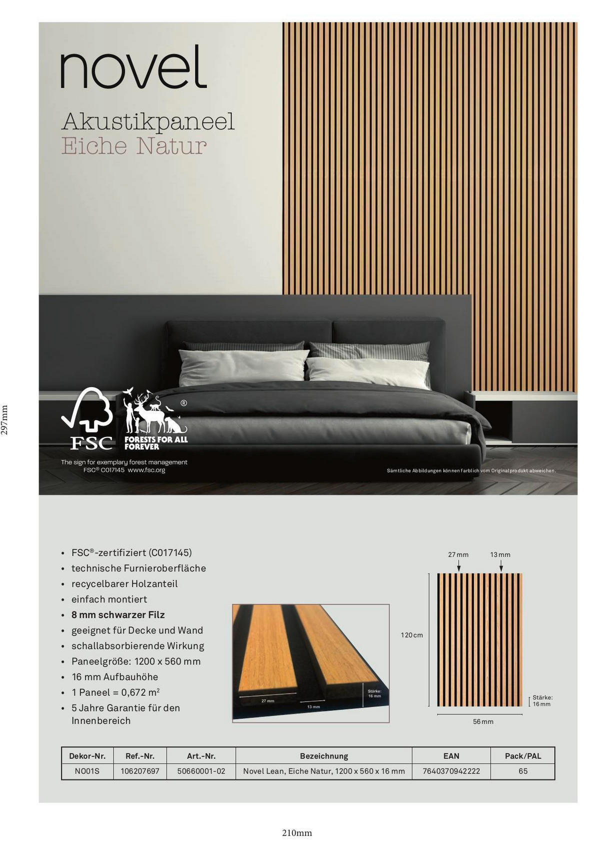 PANOU ACUSTIC - stejar Bianco/culoare lemn stejar, Konventionell, plastic/lemn (56/120cm) - Novel