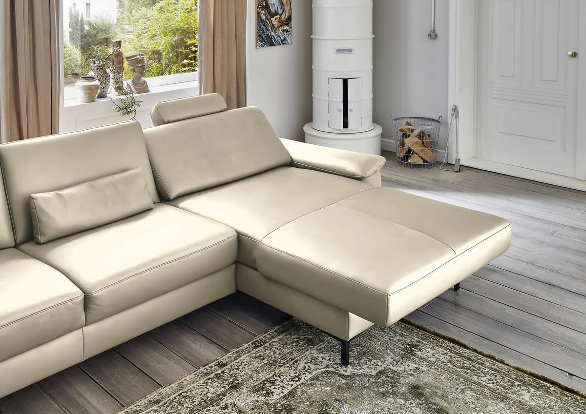 ECKSOFA in Echtleder Creme, Naturfarben  - Creme/Schwarz, Design, Leder/Metall (334/176cm) - Dieter Knoll