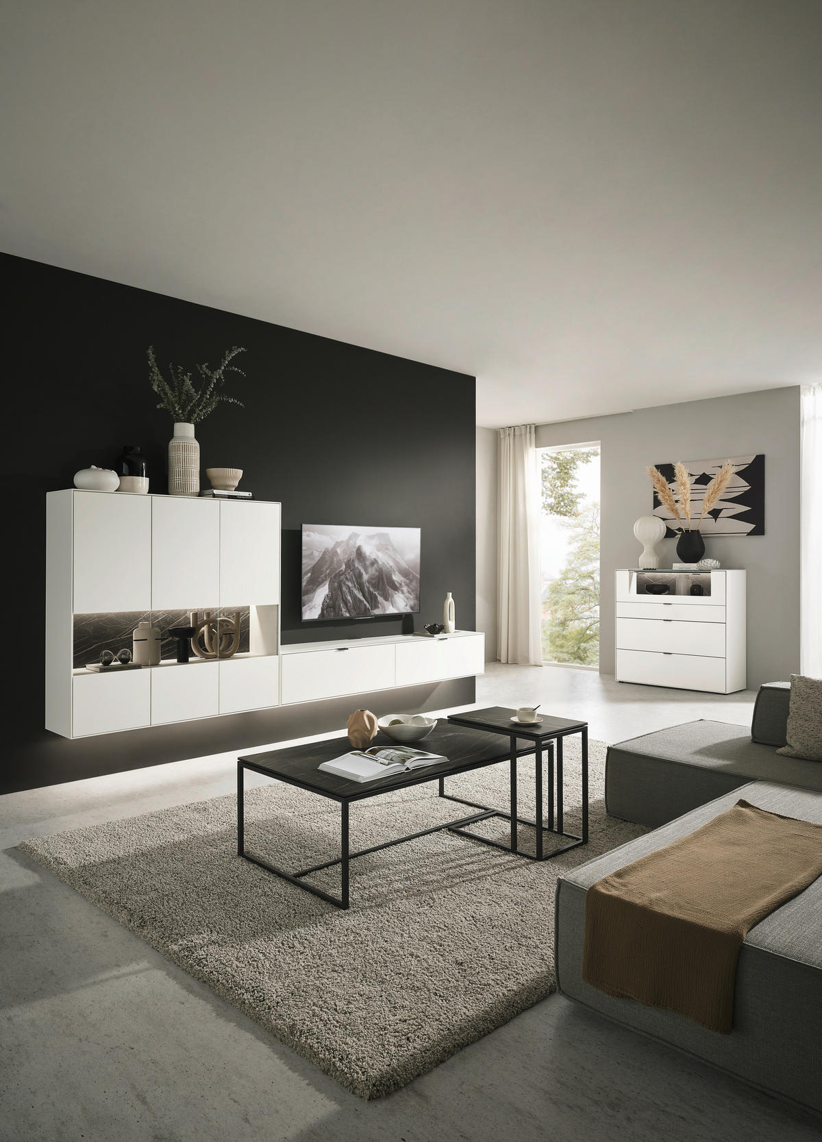 WOHNWAND  in Weiss 348,8/171,9/37,1 cm  - Weiss/Schwarz, Design, Glas/Keramik (348,8/171,9/37,1cm) - Dieter Knoll