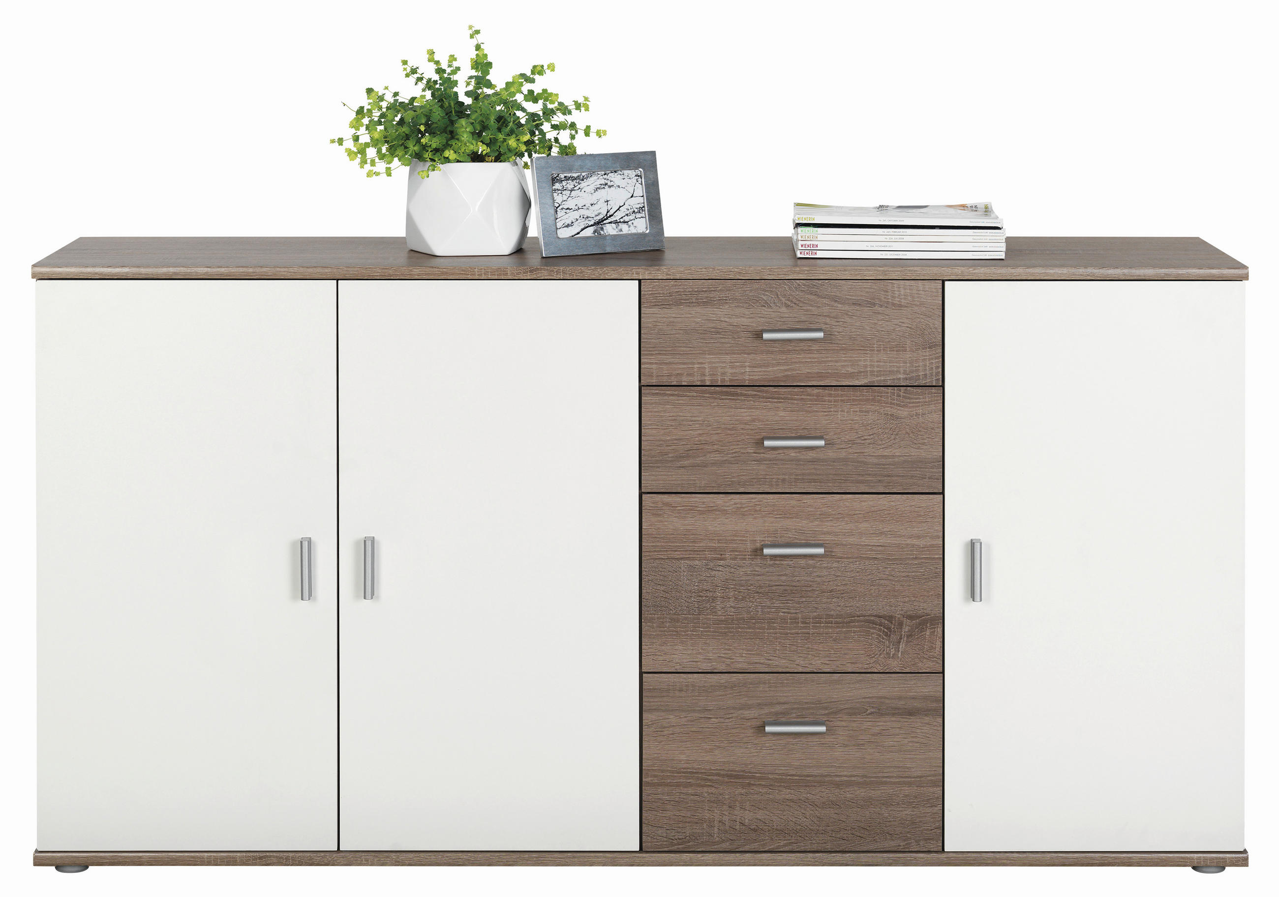 KOMODA, bela, hrast sonoma  - srebrne barve/barve hrasta, Design, umetna masa/leseni material (160/82/35cm) - Boxxx