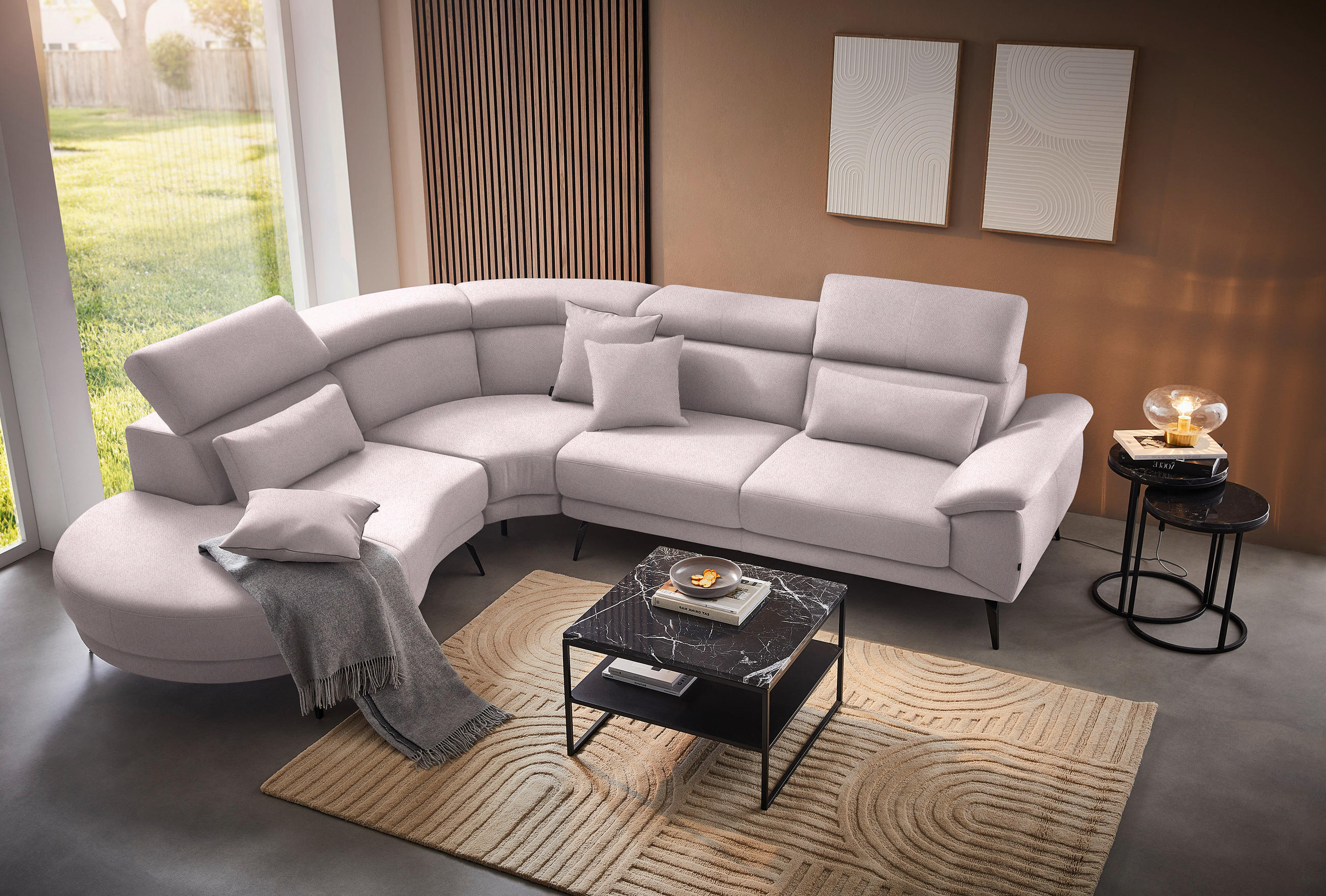 ECKSOFA in Velours Hellrosa  264/299 cm  - Hellrosa/Schwarz, Design, Textil/Metall (264/299cm) - Novel
