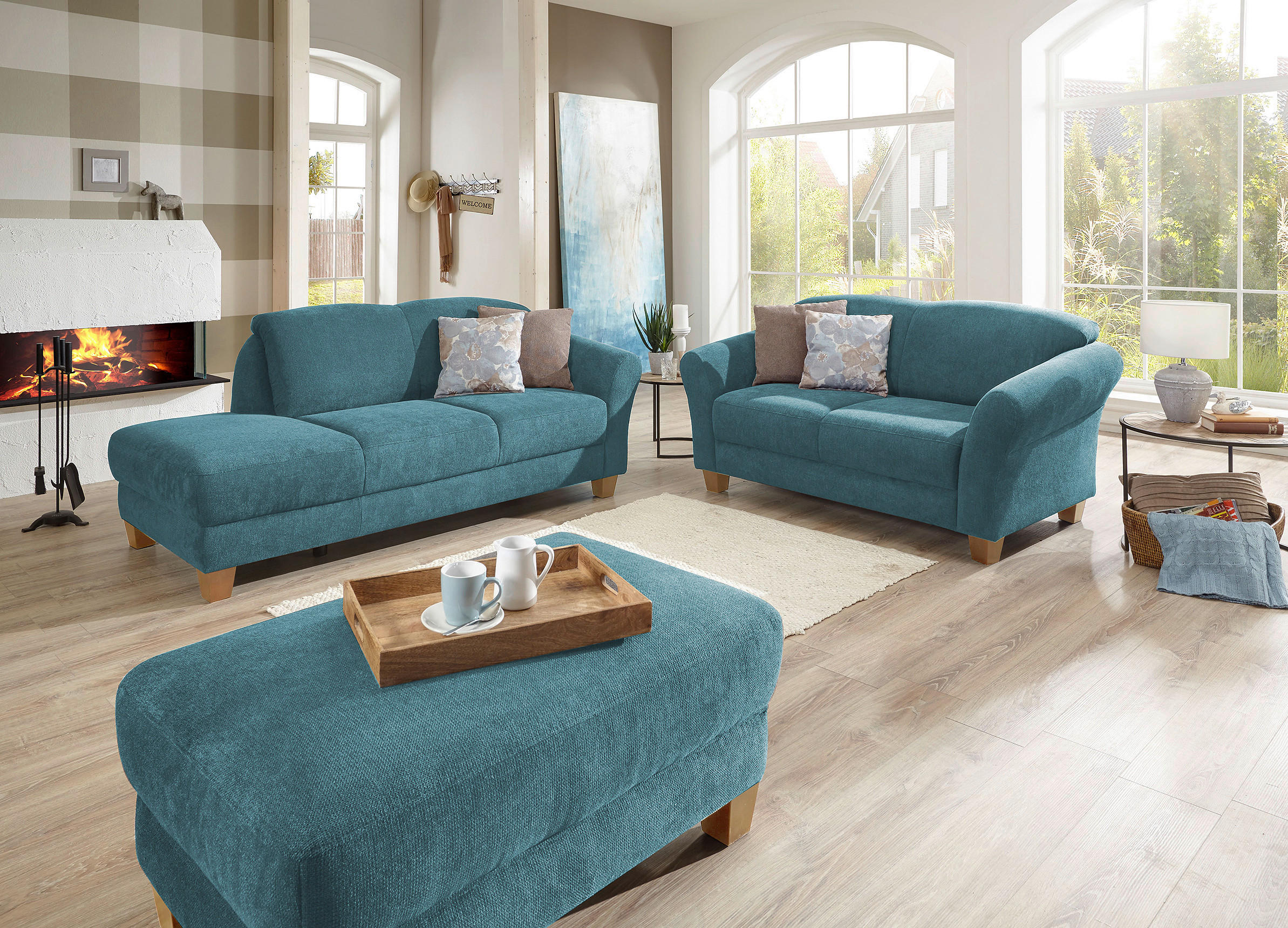 HOCKER in Textil Petrol - Petrol/Naturfarben, Konventionell, Holz/Textil (101/45/66cm) - Sit & More