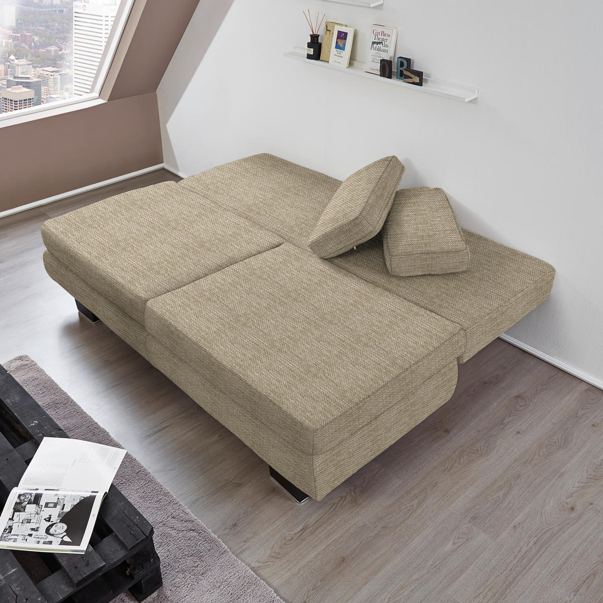 SCHLAFSOFA  mit Fußauswahl, Stoffauswahl, Schlafen auf Sitzhöhe, Rücken echt Sandfarben  - Sandfarben/Wengefarben, Design, Holz/Textil (203/94/100cm) - Novel