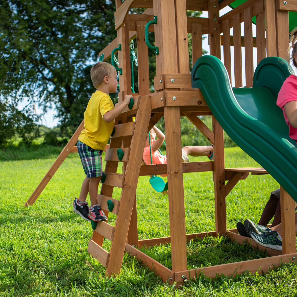 SPIELTURM BACKYARD BELMONT 220/290/540 cm  - Dunkelgrün/Gelb, KONVENTIONELL, Holz (220/290/540cm) - Ambia Garden