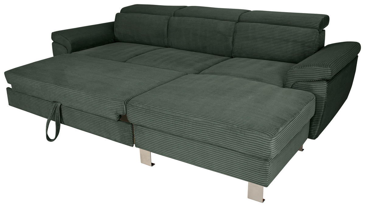ECKSOFA inkl. Funktionen Waldgrün Cord  - Waldgrün/Silberfarben, Design, Textil/Metall (250/167cm) - Xora