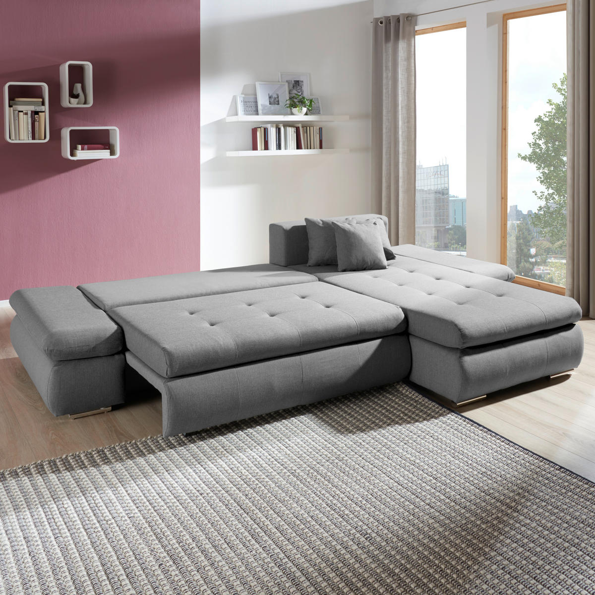 ECKSOFA in Webstoff Hellgrau  - Chromfarben/Hellgrau, Design, Kunststoff/Textil (302/187cm) - Carryhome