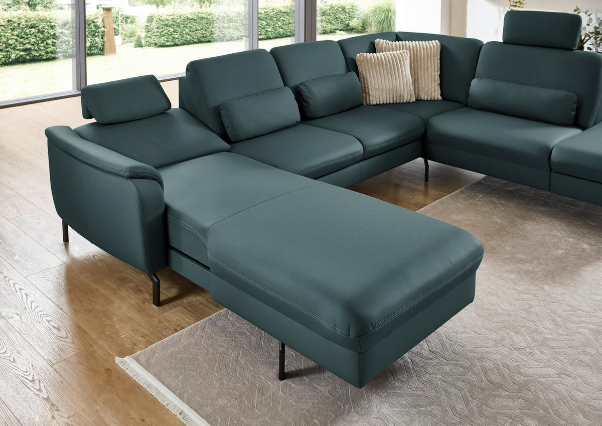 WOHNLANDSCHAFT Echtleder Graublau  - Graublau/Schwarz, Konventionell, Leder/Metall (168/306/224cm) - Beldomo Premium