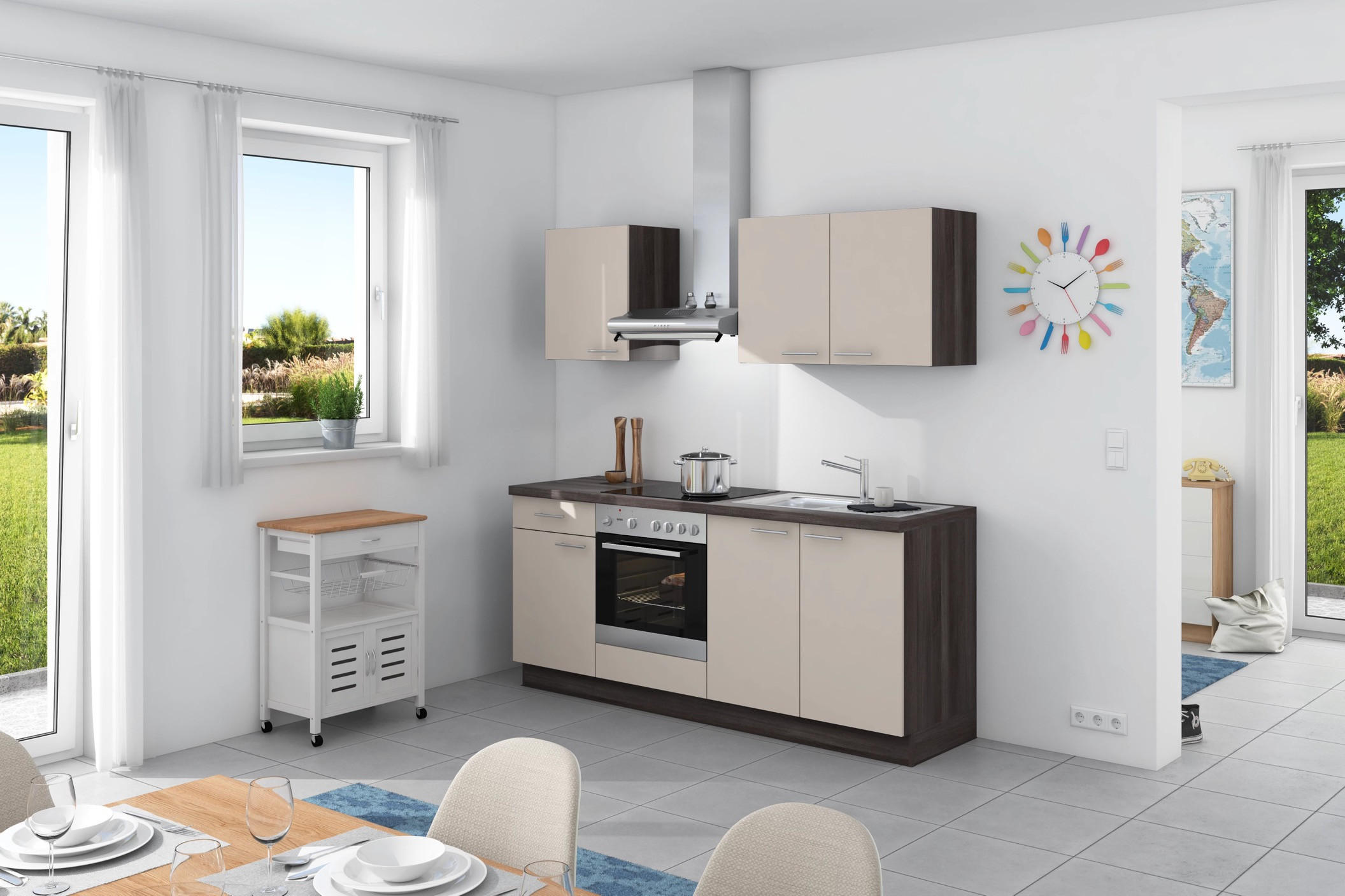 Küchenzeile Base ohne Geräte 200 cm Crema/Eiche Grau