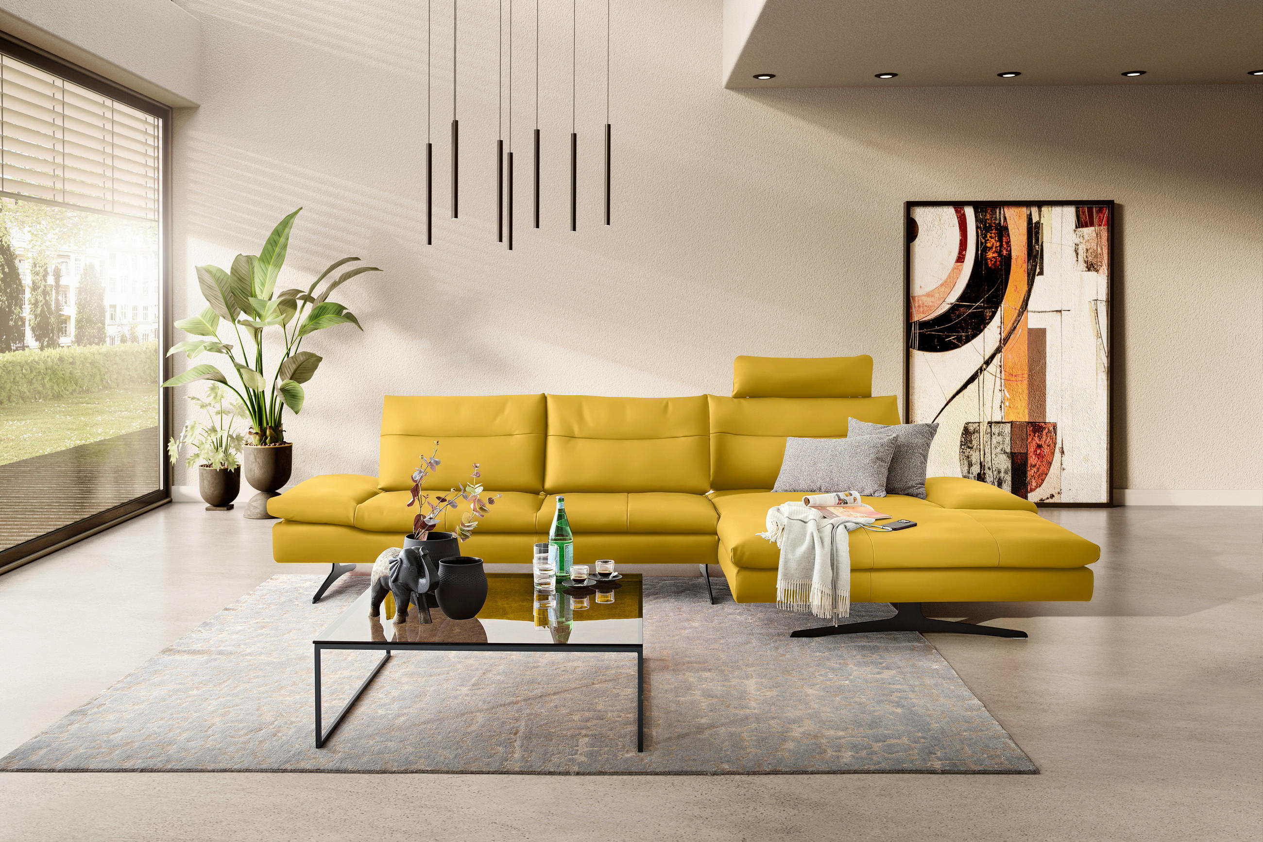 ECKSOFA in Echtleder Gelb  - Gelb/Schwarz, Modern, Leder/Metall (342/158cm) - Chilliano