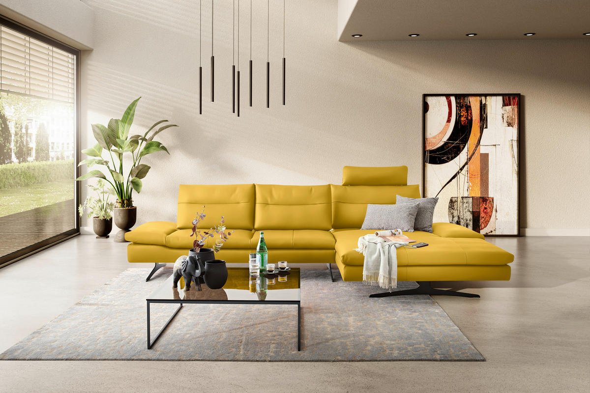 ECKSOFA in Echtleder Gelb  - Gelb/Schwarz, Modern, Leder/Metall (342/158cm) - Chilliano