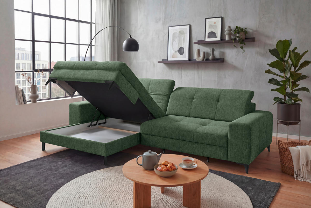 ECKSOFA Mikrovelours Dunkelgrün  - Dunkelgrün/Schwarz, Design, Kunststoff/Textil (182/328cm) - MID.YOU