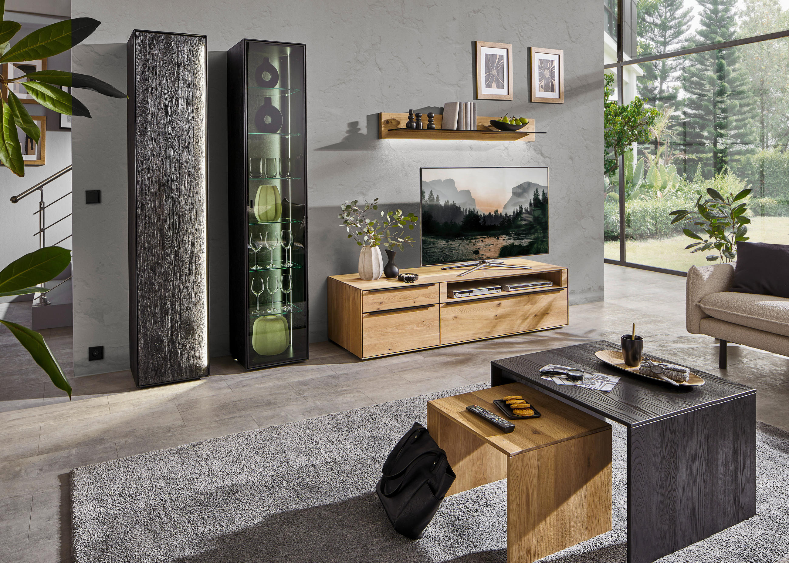 WOHNWAND  in Schwarz, Eichefarben  296/205,5/53,7 cm  - Eichefarben/Anthrazit, Natur, Glas/Holz (296/205,5/53,7cm) - Valnatura