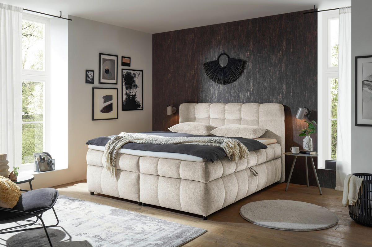 BOXBETT 180/200 cm,  in Creme, Bettkasten, Topper, H2 + H2 = mittel  - Creme/Schwarz, Design, Kunststoff/Textil (180/200cm) - Esposa