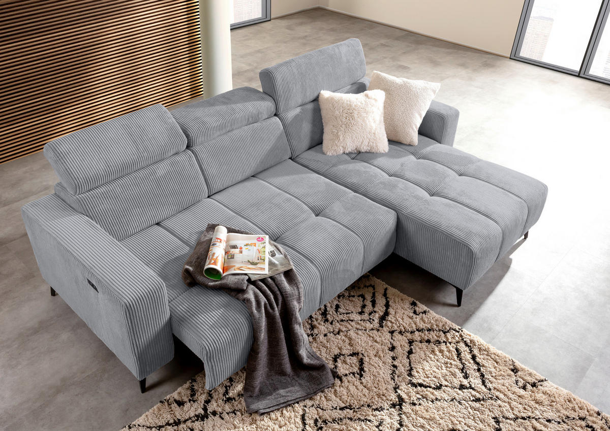 ECKSOFA Hellgrau Cord Rücken echt, Kopfteilverstellung, Sitzvorzug  - Hellgrau/Schwarz, KONVENTIONELL, Textil/Metall (257/170cm) - Carryhome