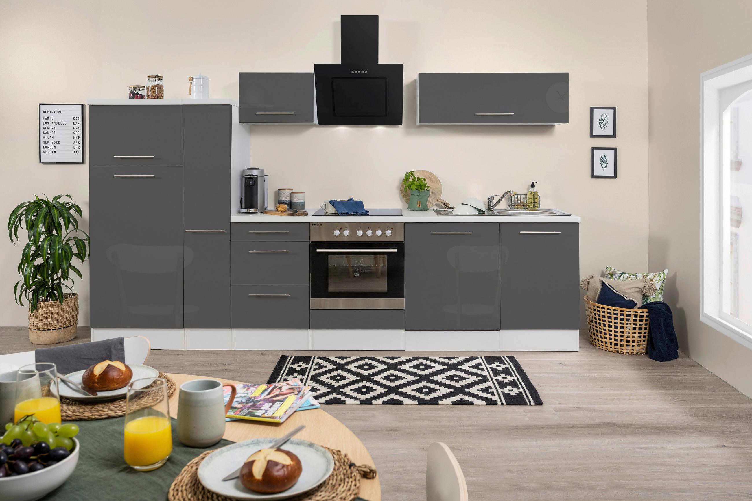 KÜCHENBLOCK 310 cm Grau, Weiß E-Geräte, Spüle, Soft-Close-System, Geschirrspülerblende, Ab- und Überlaufgarnitur, Herdanschlusskabel - Edelstahlfarben/Weiß, KONVENTIONELL, Metall (310cm) - Respekta