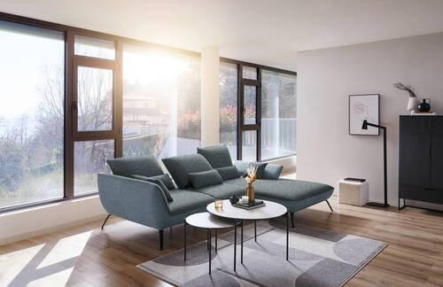 ECKSOFA in Flachgewebe Blaugrau  - Blaugrau/Schwarz, Design, Textil/Metall (301/191cm) - Moderano