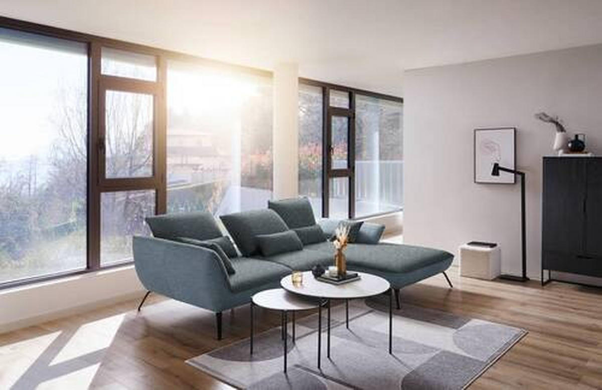 ECKSOFA in Flachgewebe Blaugrau  301/191 cm  - Blaugrau/Schwarz, Design, Textil/Metall (301/191cm) - Moderano