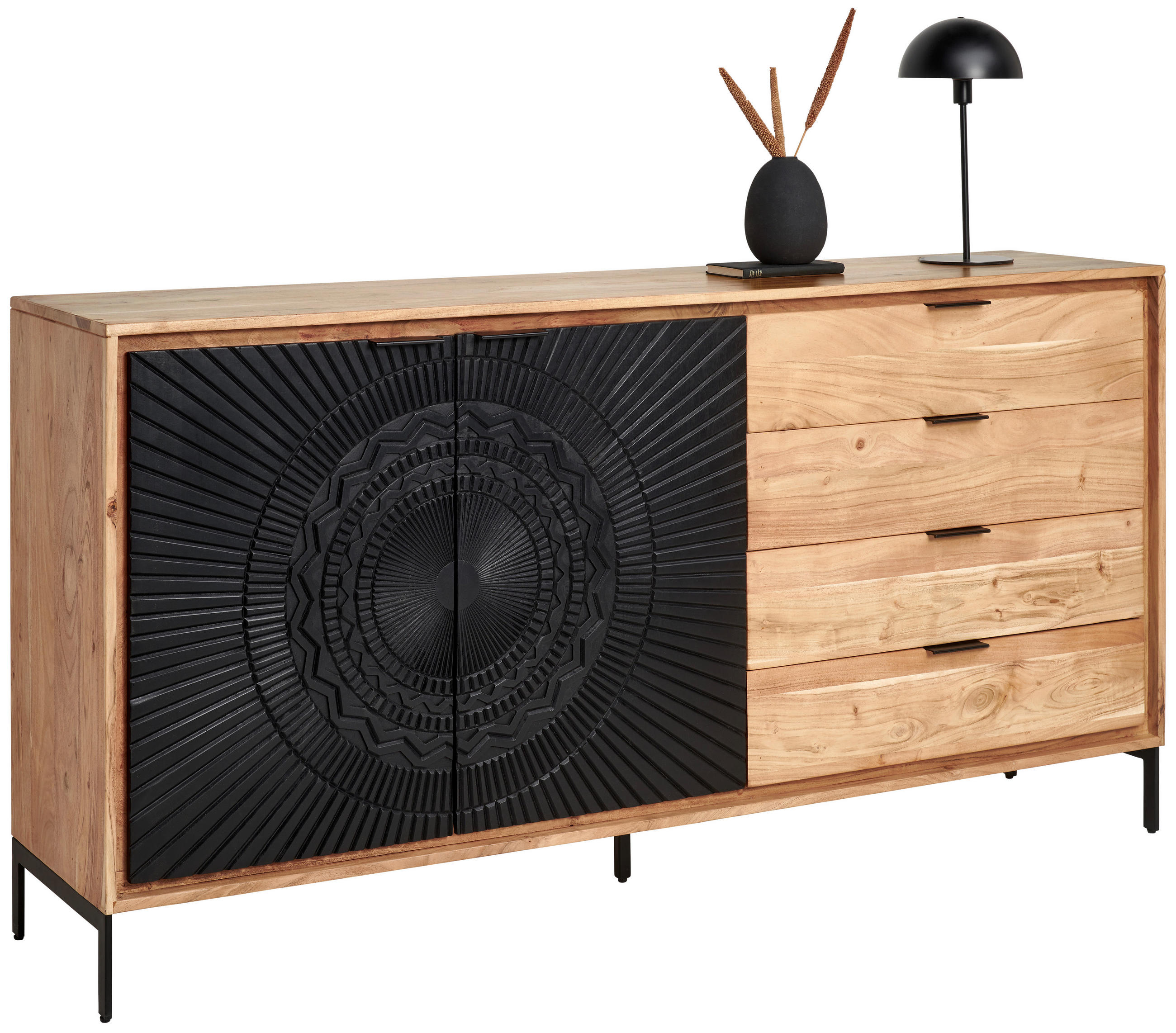 SIDEBOARD  175/90/40 cm 4 Schublade(n)  - Schwarz/Akaziefarben, Design, Holz/Metall (175/90/40cm) - Ambia Home