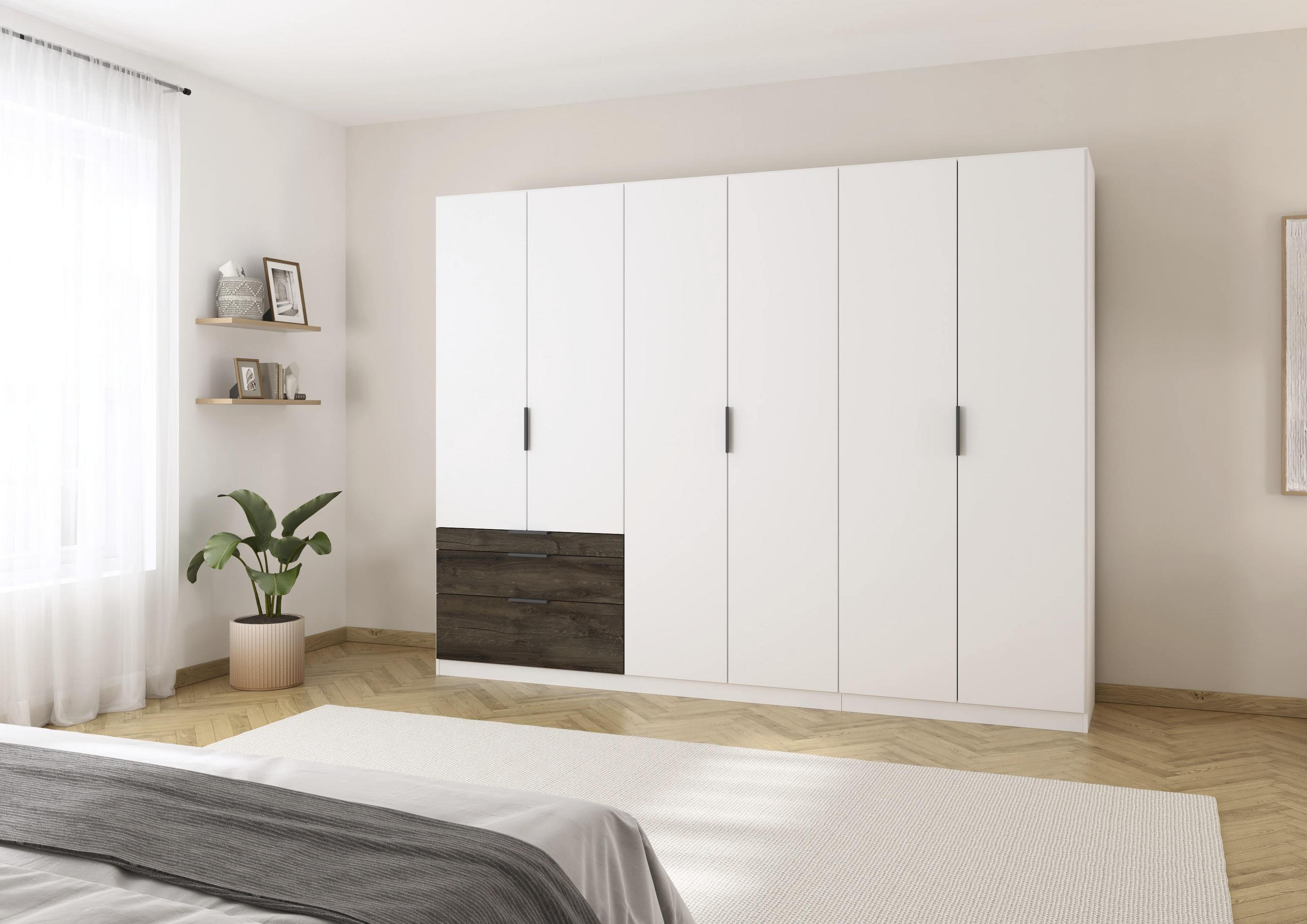 Thumbnail - Rauch Möbel Drehtürenschrank, Weiß, Eiche dunkel, Metall, 4 Fächer, 3 Schublade(n) Schubladen, 271x210x54 cm, Blauer Eng...