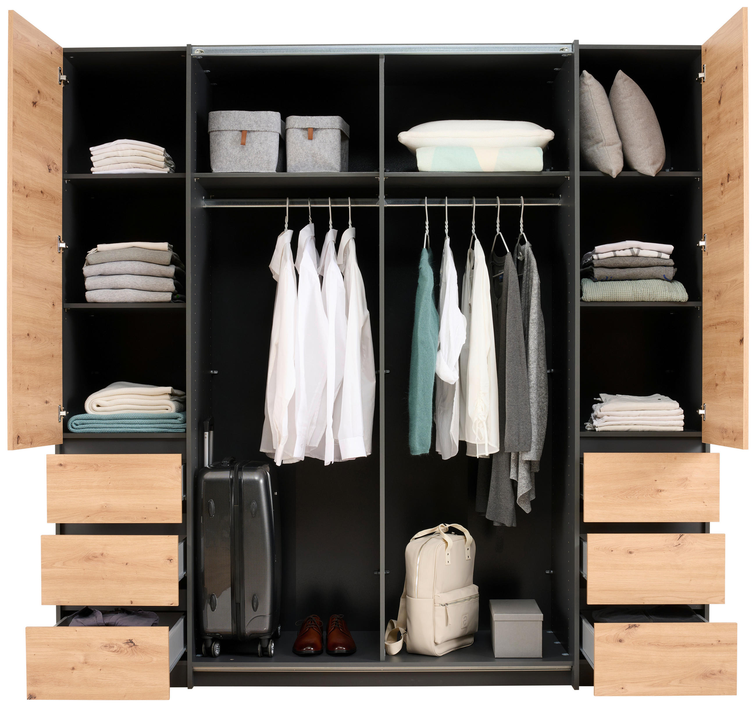 KLEIDERSCHRANK 215/211/60 cm 4-türig Graphitfarben, Eiche Artisan  - Silberfarben/Graphitfarben, KONVENTIONELL, Holzwerkstoff/Kunststoff (215/211/60cm) - Boxxx