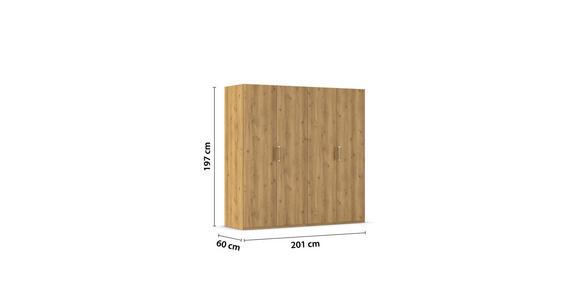DREHTÜRENSCHRANK 201/197/60 cm 4-türig Eichefarben  - Eichefarben/Silberfarben, Design, Holzwerkstoff/Kunststoff (201/197/60cm) - Novel