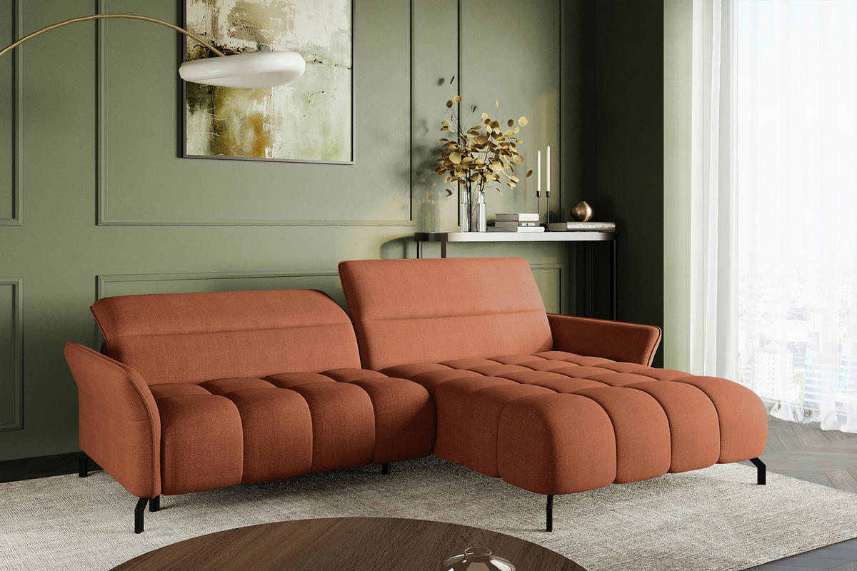 ECKSOFA Rostfarben Flachgewebe Rücken echt, Kopfteilverstellung, Sitztiefenverstellung  - Rostfarben/Schwarz, KONVENTIONELL, Textil/Metall (272/175cm) - Carryhome