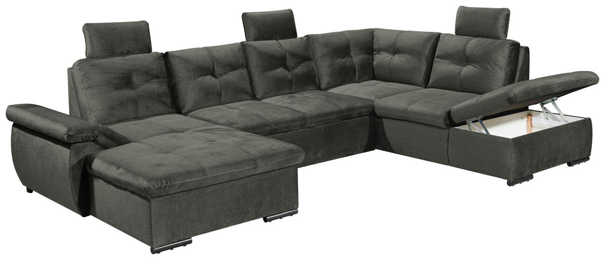 WOHNLANDSCHAFT Dunkelgrün Mikrovelours  - Dunkelgrün/Schwarz, KONVENTIONELL, Kunststoff/Textil (127/334/217cm) - Carryhome