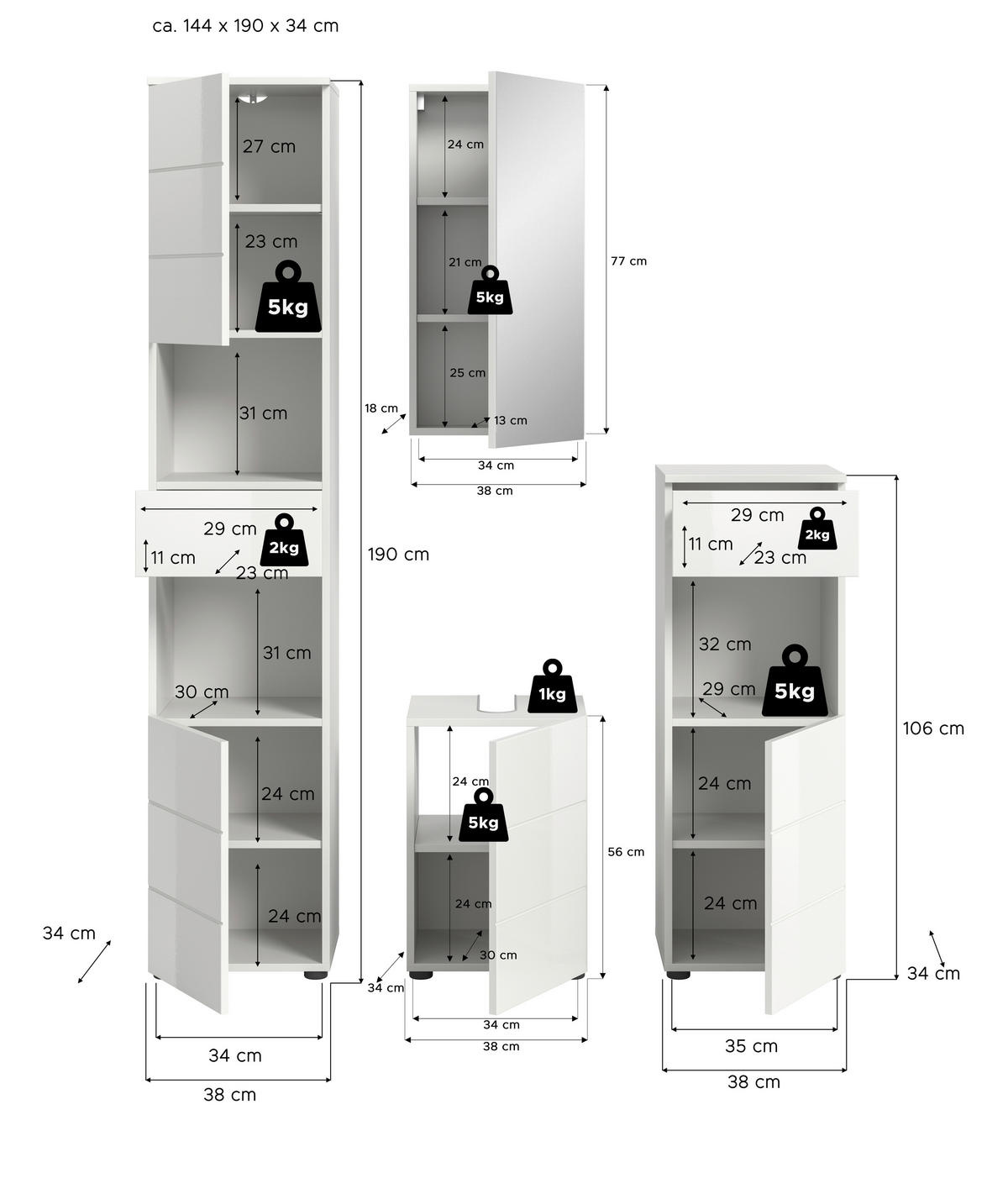 BADEZIMMER 4-teilig  in 114 cm  - Weiß Hochglanz/Schwarz, MODERN, Holzwerkstoff/Kunststoff (114cm) - MID.YOU