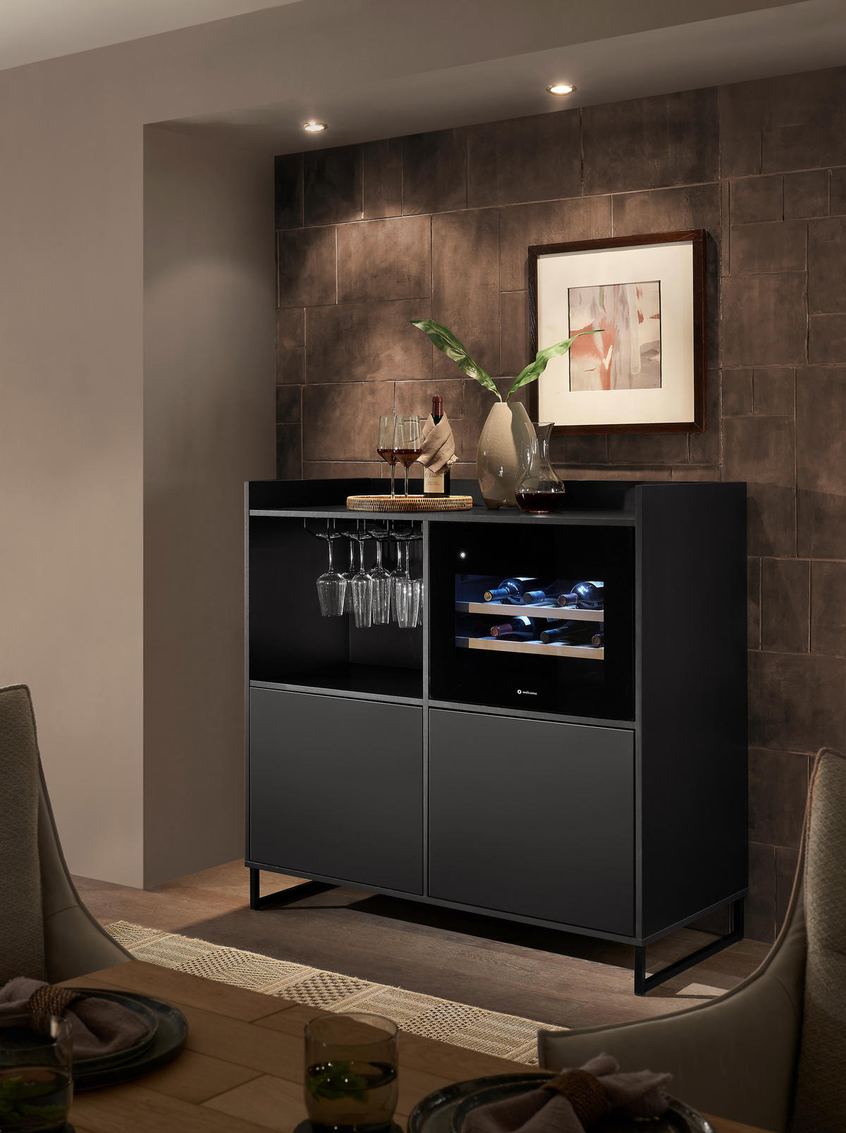 SIDEBOARD Mosel Weinschrank 125/120/58 cm  - Schwarz, KONVENTIONELL, Holzwerkstoff/Metall (125/120/58cm) - Carryhome