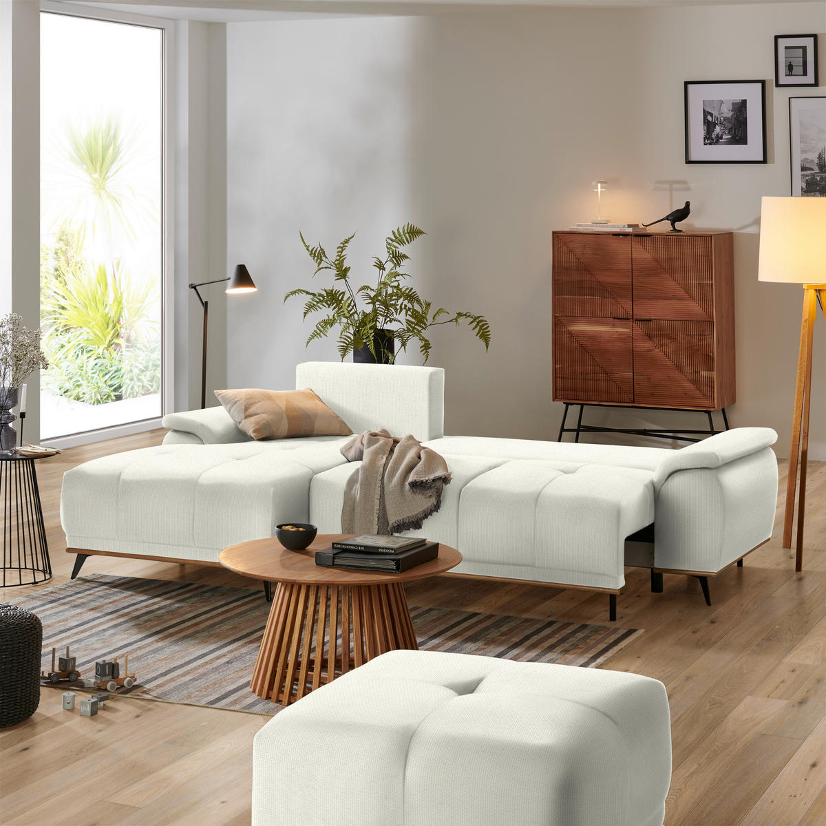 ECKSOFA in Struktur Weiss  - Weiss/Schwarz, Modern, Textil/Metall (168/262cm) - home24