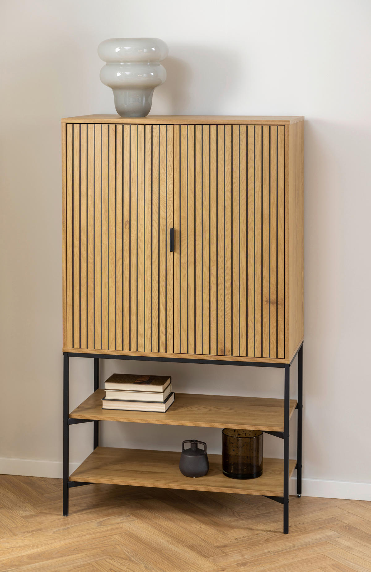 VISOKA KOMODA, barve hrasta  - črna/barve hrasta, Design, kovina/leseni material (80/140/40cm) - Livetastic