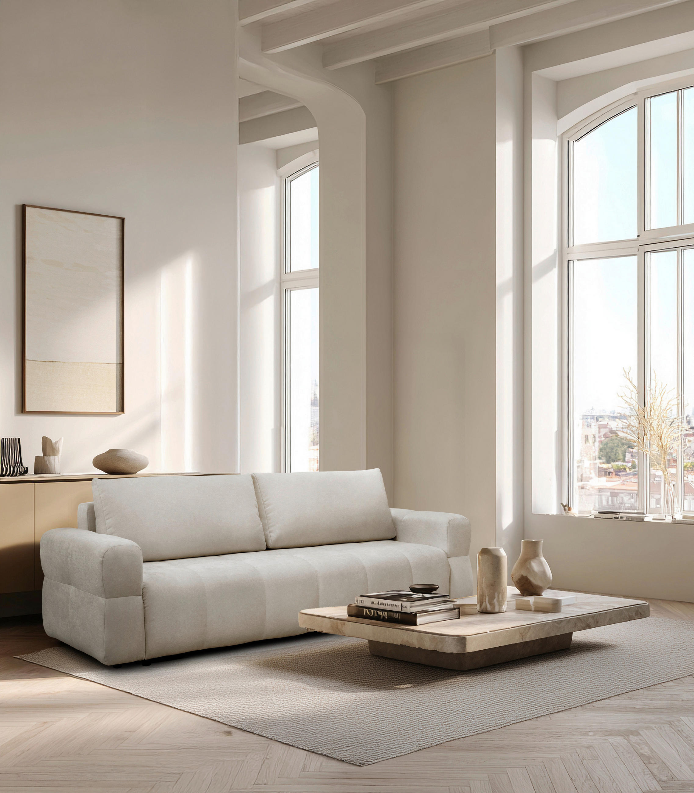 SCHLAFSOFA LOTTA  mit Chenille Beige  - Beige/Schwarz, Design, Textil (248/90/105cm) - MID.YOU