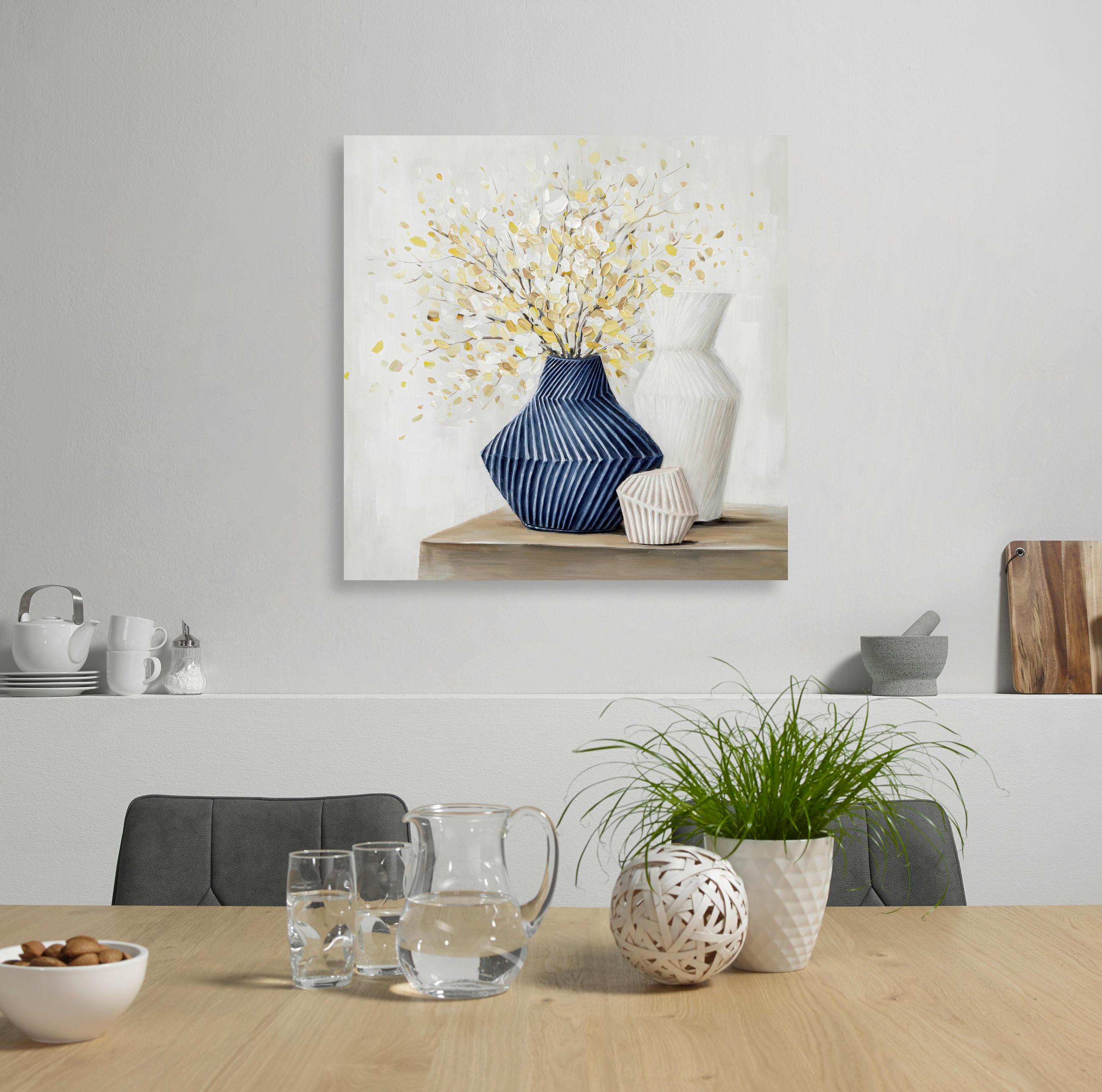 OLEJOMALBA, květiny, 100/100 cm  - bílá/modrá, Trend, dřevo/textil (100/100cm) - Monee