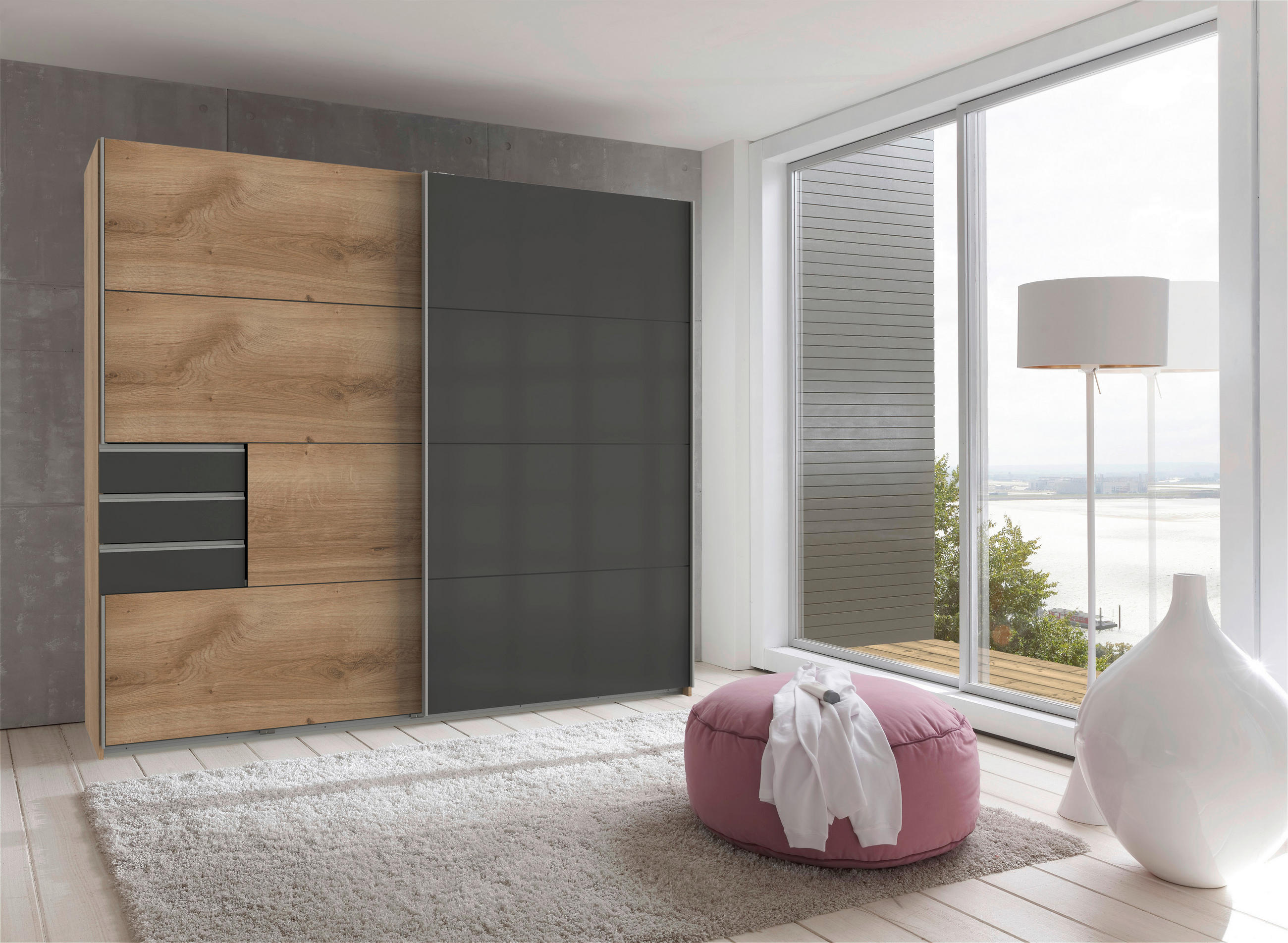 SCHIEBETÜRENSCHRANK 225/210/64 cm 2-türig  - Eichefarben/Alufarben, Basics, Holzwerkstoff/Metall (225/210/64cm) - MID.YOU