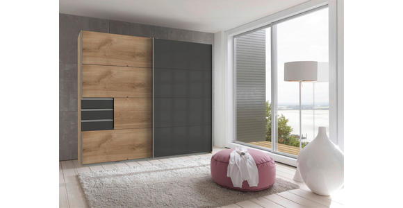 SCHWEBETÜRENSCHRANK in Graphitfarben, Grau, Eichefarben - Eichefarben/Alufarben, KONVENTIONELL, Glas/Holzwerkstoff (225/210/64cm) - Carryhome