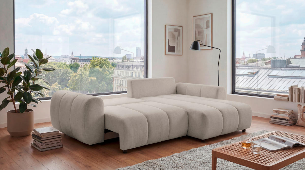 ECKSOFA Webstoff Beige  - Beige/Schwarz, Design, Kunststoff/Textil (260/192cm) - MID.YOU