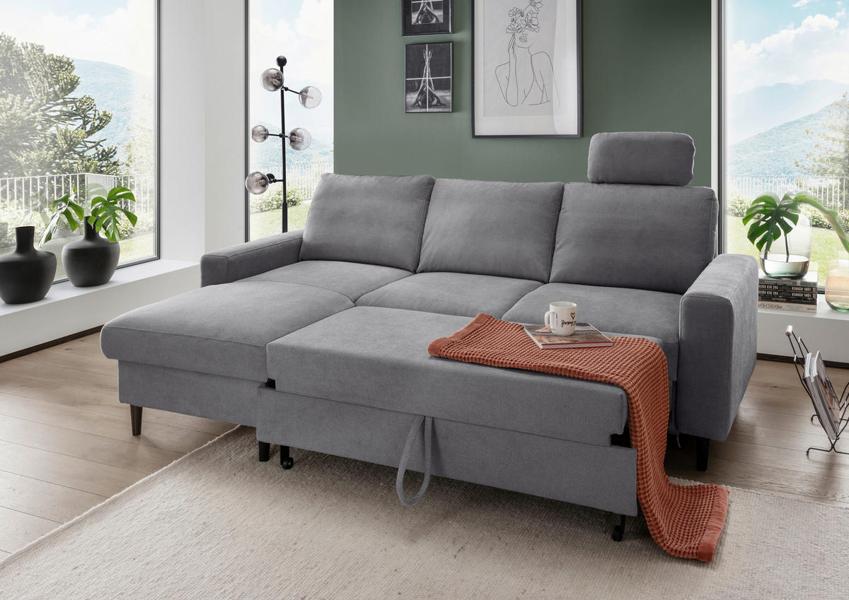 ECKSCHLAFSOFA Chenille Dunkelgrau  - Dunkelgrau/Schwarz, MODERN, Holz/Textil (147/234cm) - Livetastic