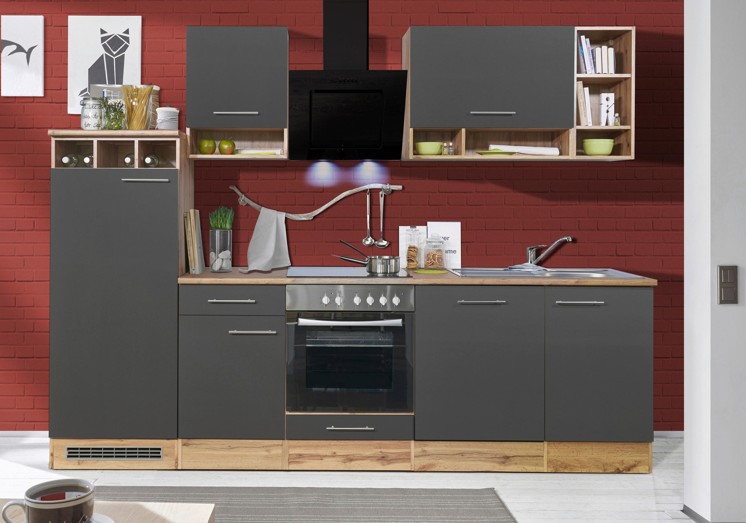 KÜCHENBLOCK 280 cm   in Grau, Wildeiche  - Wildeiche/Edelstahlfarben, Basics, Holzwerkstoff/Metall (280cm) - Respekta