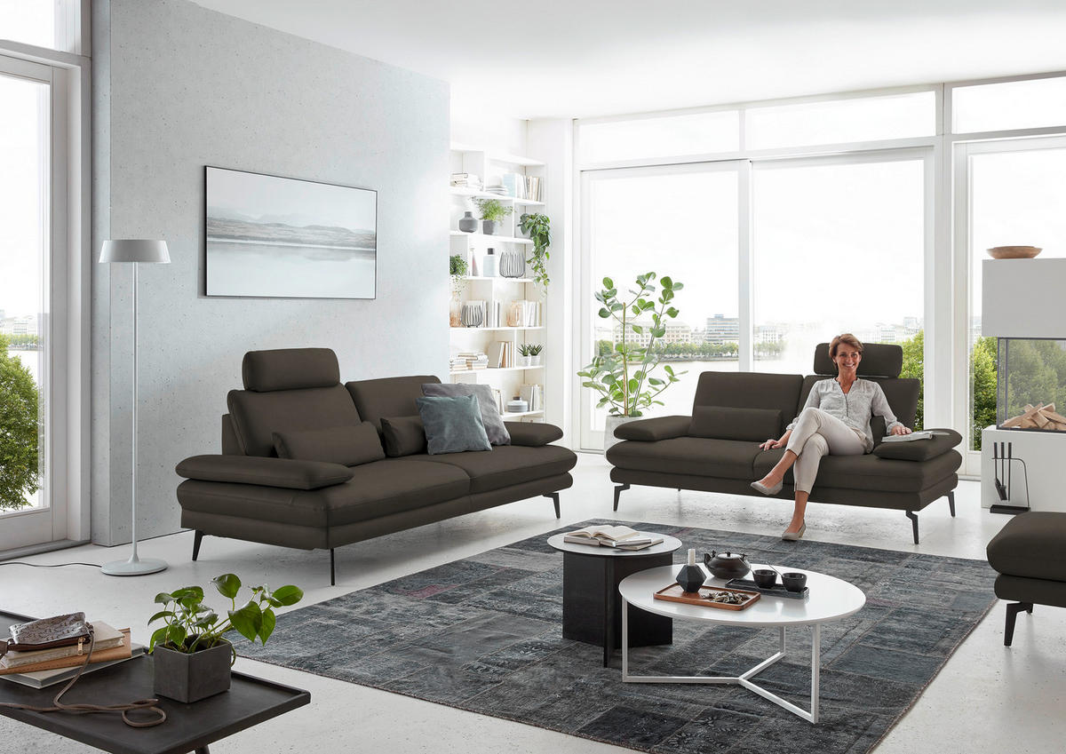 2,5-SITZER in Echtleder Graubraun  - Graubraun/Schwarz, Design, Leder/Metall (196/86/104cm) - Dieter Knoll