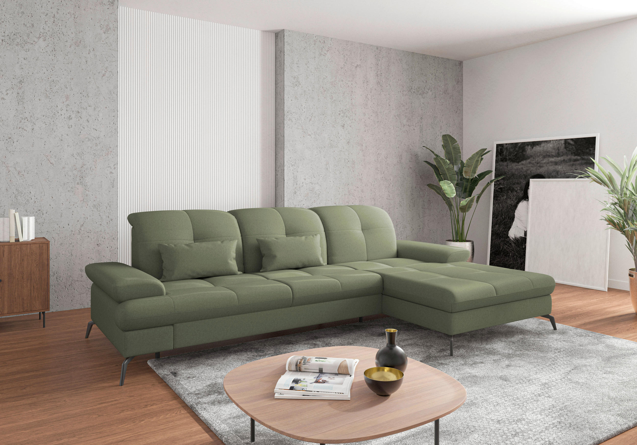 ECKSOFA Olivgrün Flachgewebe  - Schwarz/Olivgrün, KONVENTIONELL, Textil/Metall (279/185cm) - Sit & More