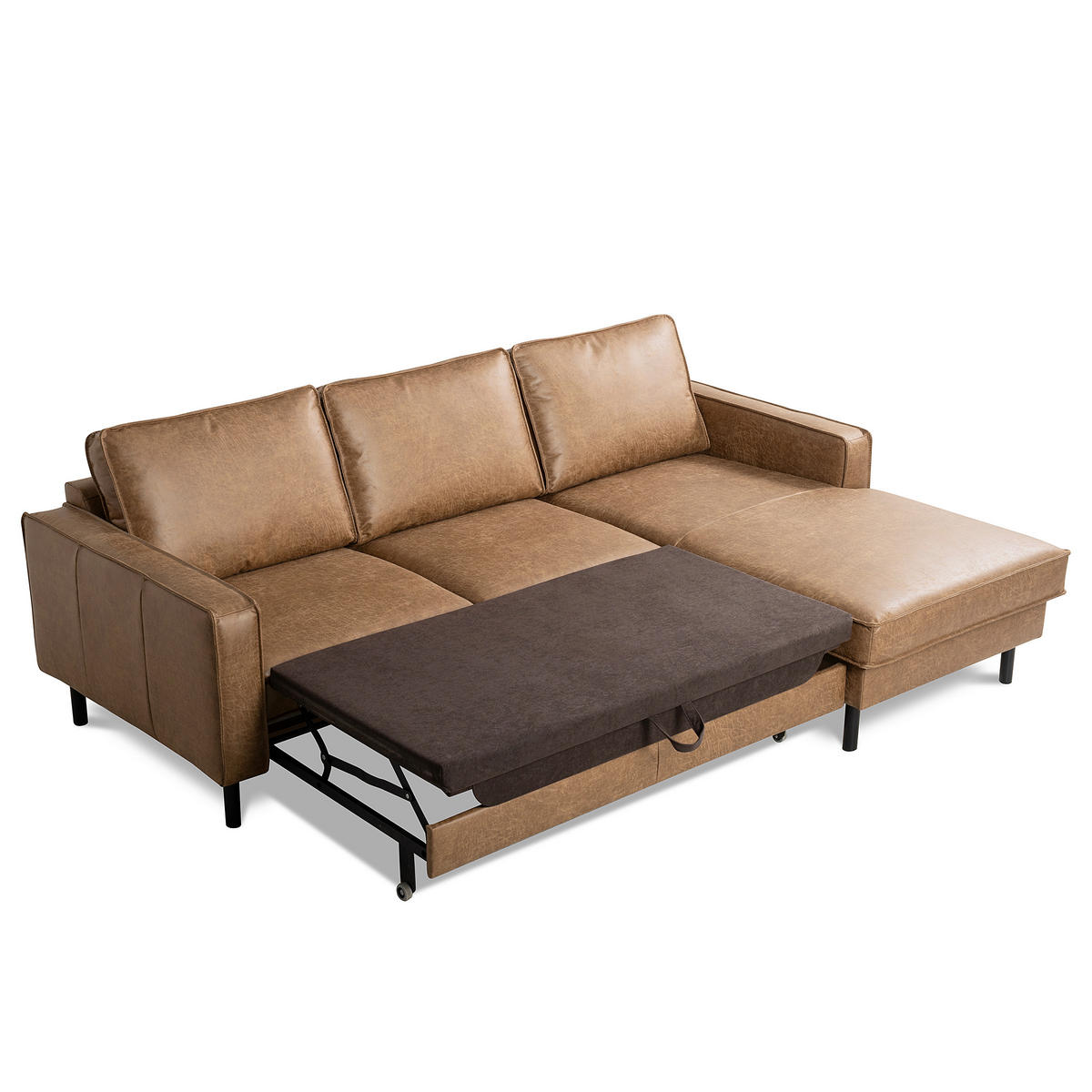 ECKSOFA Beige Echtleder Lederlook Bettkasten, Schlaffunktion, Rücken echt  - Beige/Schwarz, Design, Leder/Textil (166/238cm) - Livetastic